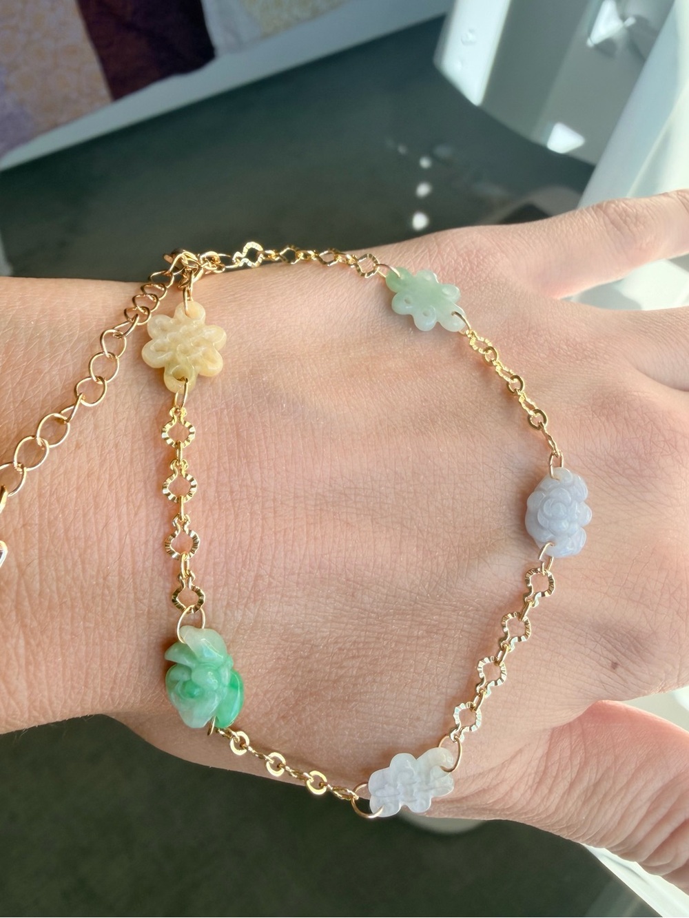 Handcrafted Natural Grade A Multi-Color Jadeite Carved Charm Bracelet